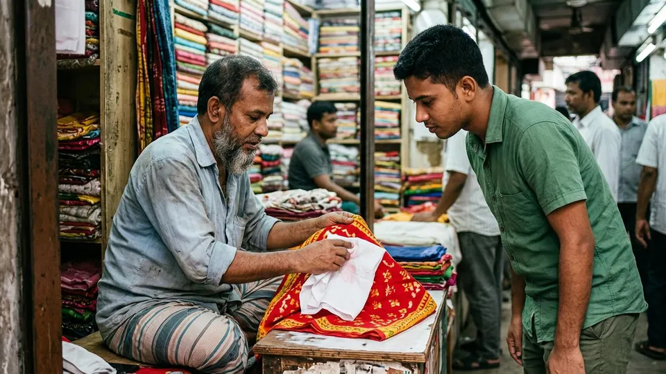 একজন পুরুষ দোকানদার কাউন্টারে বসে একটা প্রিন্টের কাপড়ের কোণা ভেজা সাদা রুমাল দিয়ে ঘষে দেখাচ্ছেন রং উঠছে কি না, পাশে দাঁড়িয়ে একজন যুবক সেলার দেখছেন