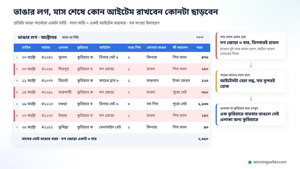 ভাঙার লগ শিটের নকশা, কলামে তারিখ, অর্ডার নম্বর, এলাকা, কুরিয়ার, আইটেম, ভাঙা পিস, কোথায় ভাঙল, কী করলেন আর খরচ, মগ জোড়ার তিনটা সারি লাল রঙে দাগানো, পাশে মাস শেষের তিনটা সিদ্ধান্ত