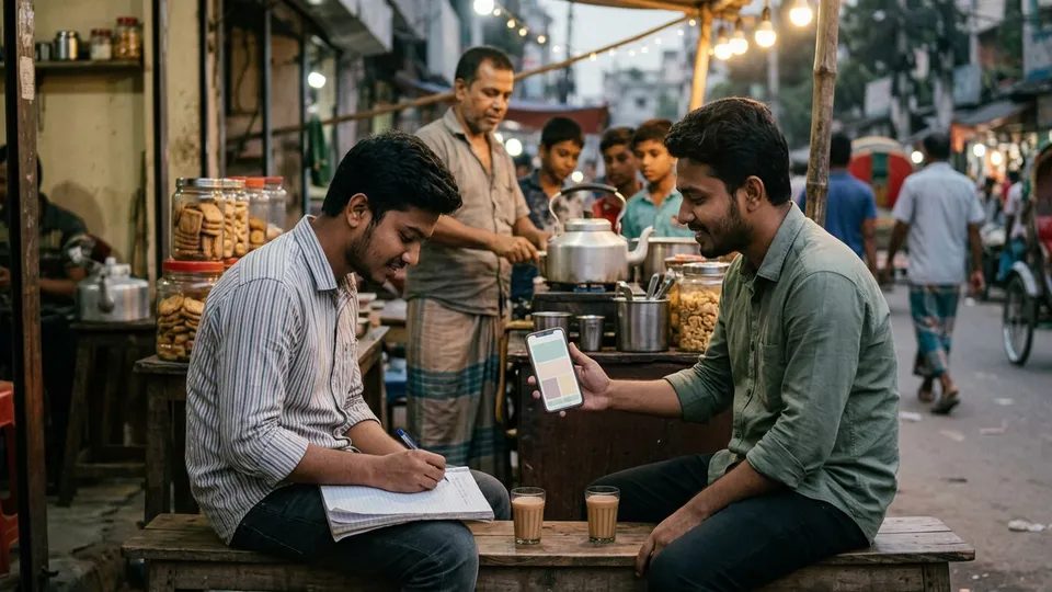 চায়ের দোকানের বেঞ্চে বসে দুই তরুণ বন্ধু একটা খাতায় ব্যবসার হিসাব লিখছেন, একজনের হাতে মোবাইলে ফেসবুক পেজ খোলা