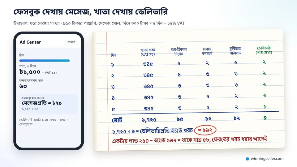 বাঁ দিকে Ad Center-এর নকশায় ৬০টা কনভারসেশন আর মেসেজপ্রতি প্রায় ২৯ টাকা, ডানে খাতায় পাঁচ দিনের অ্যাড খরচ, নাম-ঠিকানা, কনফার্ম, পাঠানো আর ডেলিভারির হিসাব, ডেলিভারিপ্রতি প্রায় ১৯২ টাকা গোল দাগে