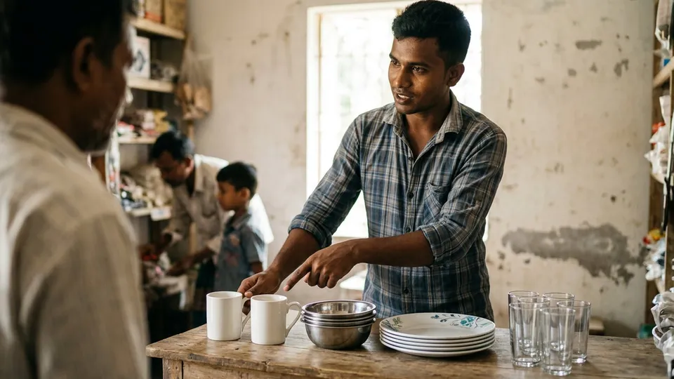 টেবিলে পাশাপাশি রাখা মেলামাইনের ফুল আঁকা প্লেট, স্টিলের বাটি, মোটা সিরামিকের মগ আর পাতলা কাচের গ্লাস সেট, পাশে একজন তরুণ সেলার আঙুল দিয়ে মগের হাতল দেখাচ্ছেন