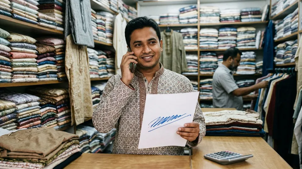 একজন তরুণ দোকান মালিক দোকানের ভেতরে দাঁড়িয়ে কানে ফোন নিয়ে হাসিমুখে কথা বলছেন, হাতে একটা কাগজে বড় অক্ষরে এক লাইনের স্লোগান লেখা, পেছনের তাকে ভাঁজ করা পাঞ্জাবি