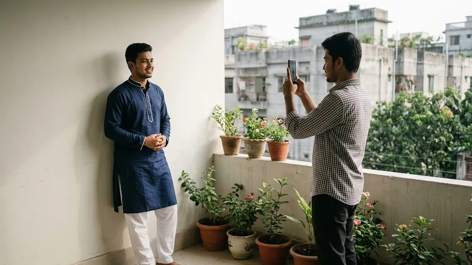 দিনের আলোয় একটা বারান্দায় একজন তরুণ নেভি ব্লু পাঞ্জাবি পরে দাঁড়িয়ে আছেন, সামনে আরেকজন যুবক মোবাইল দিয়ে তাঁর পুরো শরীরের ছবি তুলছেন