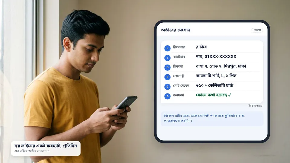 একজন তরুণ রিসেলার মোবাইলে মেসেজ লিখছেন, পাশে বড় করে দেখানো অর্ডারের মেসেজ ছয় লাইনে সাজানো, রিসেলার, কাস্টমারের নাম আর নম্বর, ঠিকানা, প্রোডাক্ট, মোট টাকা আর কনফার্ম