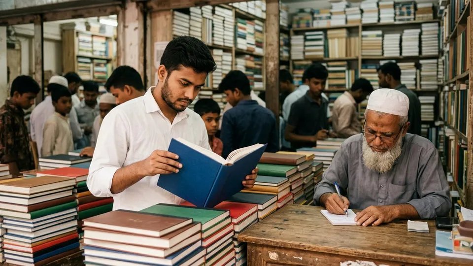 পুরান ঢাকার একটা পাইকারি বইয়ের দোকানের কাউন্টারে একজন তরুণ সেলার বইয়ের স্তূপ থেকে একটা বই খুলে বাঁধাই দেখছেন, পাশে দোকানের একজন বয়স্ক লোক ক্যাশ মেমো লিখছেন