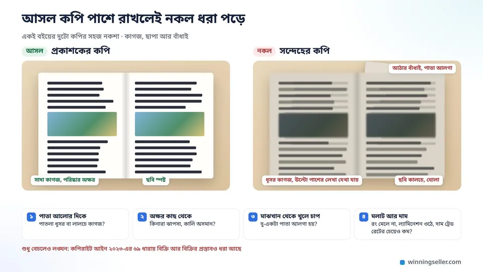 একই বইয়ের দুটো খোলা কপির নকশা পাশাপাশি, আসল কপির কাগজ সাদা আর অক্ষর পরিষ্কার, নকল কপির কাগজ ধূসর, অক্ষর ঝাপসা, উল্টো পাশের লেখা দেখা যায় আর একটা পাতা আলগা, নিচে নকল চেনার চারটা পরীক্ষা