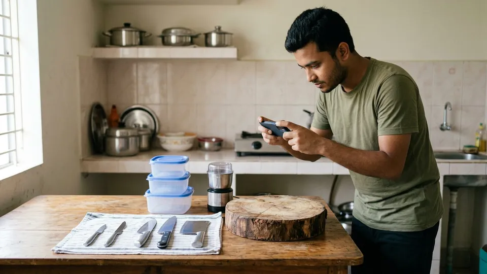 রান্নাঘরের টেবিলে সাজানো একটা ছুরির সেট, কাঠের গুঁড়ি, ছোট মসলা পেষার মেশিন আর কয়েকটা ফ্রিজার বক্স, পাশে দাঁড়িয়ে একজন যুবক মোবাইলে এগুলোর ছবি তুলছেন