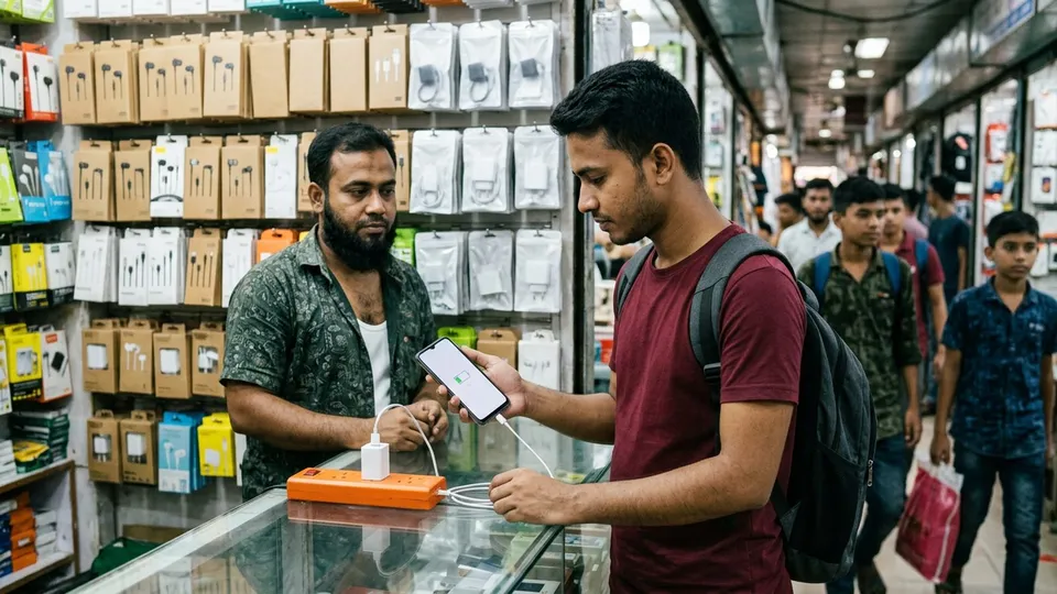 গুলিস্তানের একটা ভিড়ের মার্কেটে কাউন্টারে দাঁড়িয়ে একজন যুবক সেলার নিজের ফোনে একটা চার্জার লাগিয়ে স্ক্রিনে চার্জ হচ্ছে কি না দেখছেন, পেছনে তাকে সাজানো ইয়ারফোন আর কেবলের প্যাকেট
