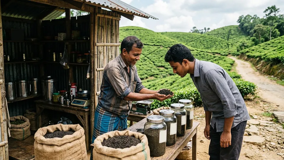 শ্রীমঙ্গলে চা বাগানের পাশে রাস্তার ধারের একটা চা পাতার দোকানে খোলা বস্তা আর কাচের বয়ামে চা, মাঝবয়সী পুরুষ দোকানদার হাতে নিয়ে একজন তরুণ সেলারকে চা পাতা দেখাচ্ছেন
