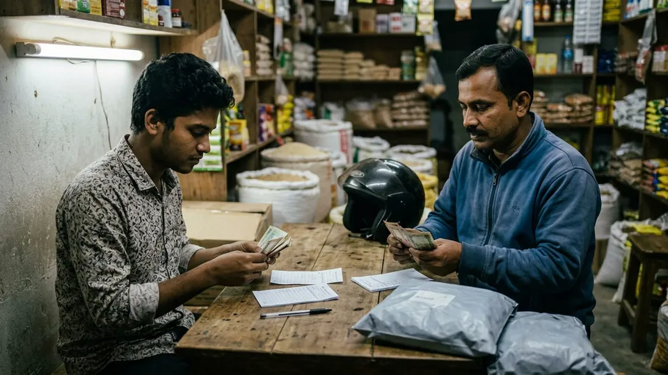 সন্ধ্যায় দোকানের টেবিলে একজন তরুণ ছেলে সেলার আর একজন পুরুষ ডেলিভারি ম্যান মুখোমুখি বসে টাকা গুনছেন, টেবিলে সেদিনের ডেলিভারি স্লিপ আর পাশে দুটো ফেরত আসা পার্সেল