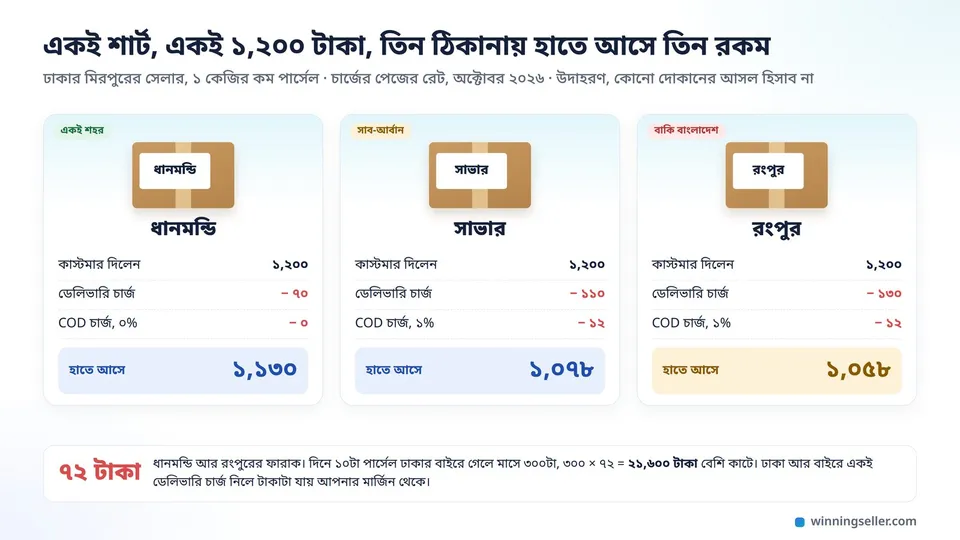 তিনটা পার্সেল পাশাপাশি সাজানো, ধানমন্ডি, সাভার আর রংপুর লেখা, প্রতিটার নিচে কাস্টমারের দেওয়া ১,২০০ টাকা থেকে ডেলিভারি চার্জ আর COD চার্জ বাদ দিয়ে হাতে আসা ১,১৩০, ১,০৭৮ আর ১,০৫৮ টাকা লেখা