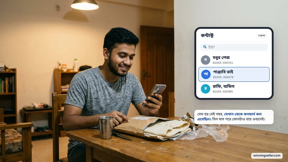 একজন পুরুষের হাতে মোবাইল ফোন, কন্টাক্ট লিস্টে একটা নম্বর "পাঞ্জাবি ভাই" নামে সেভ করা, পাশে টেবিলে খোলা একটা কুরিয়ারের পার্সেল