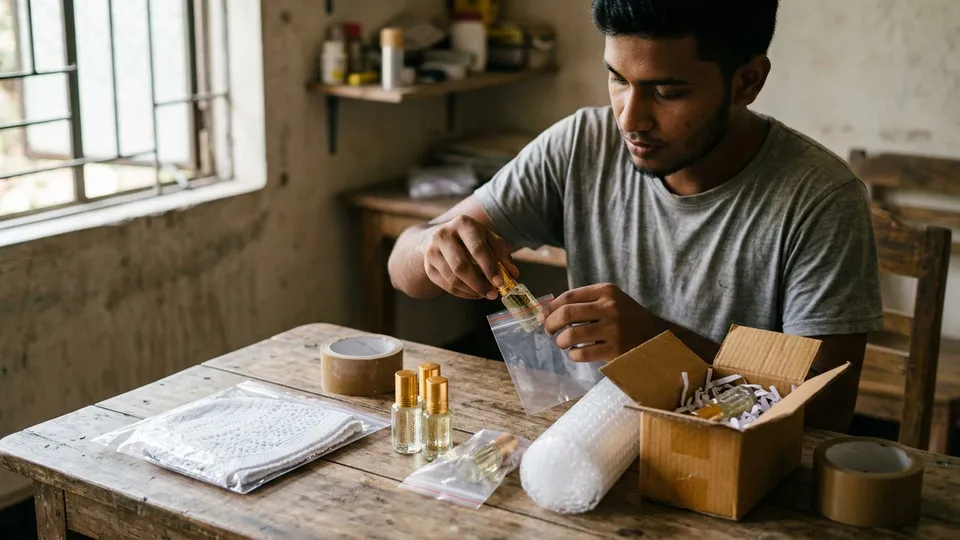 একজন তরুণ ছেলে টেবিলে বসে আতরের বোতল প্যাক করছেন, সামনে টেপ জড়ানো রোল-অন বোতল, একটা জিপ ব্যাগ, বাবল র‍্যাপের রোল আর একটা ছোট বাদামি বক্স, পাশে আলাদা পলিতে ভাঁজ করা টুপি